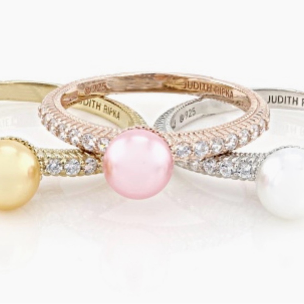 Judith Ripka Pearl Trio Ring Set in Silver, Pink, and Gold - Picture 3 of 9